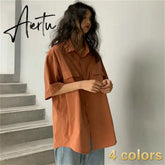 Blouses Women Japan Style Harajuku Simple Short Sleeve Summer Womens Chic Tops Retro All-match Pockets Trendy Girls Shirts New Aiertu