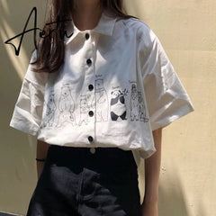 Blouses Women Japan Style Harajuku Simple Short Sleeve Summer Womens Chic Tops Retro All-match Pockets Trendy Girls Shirts New Aiertu