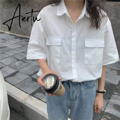 Blouses Women Japan Style Harajuku Simple Short Sleeve Summer Womens Chic Tops Retro All-match Pockets Trendy Girls Shirts New Aiertu
