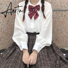 Blouses Women Solid Single Breasted Lantern Sleeve JK Sweet Girl Loose Popular Simple Harajuku Japaneses Style Shirts Casual New Aiertu