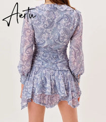 Blue Floral Print Chiffon Mini Dress Women Wood ears Ruffles V neck Open Buttons Slim Ruched Waist Long Sleeve Holiday Robe Aiertu