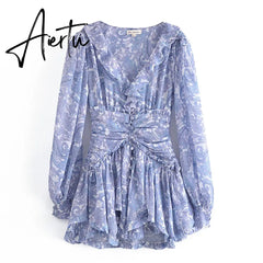 Blue Floral Print Chiffon Mini Dress Women Wood ears Ruffles V neck Open Buttons Slim Ruched Waist Long Sleeve Holiday Robe Aiertu