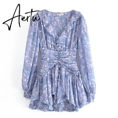 Blue Floral Print Chiffon Mini Dress Women Wood ears Ruffles V neck Open Buttons Slim Ruched Waist Long Sleeve Holiday Robe Aiertu