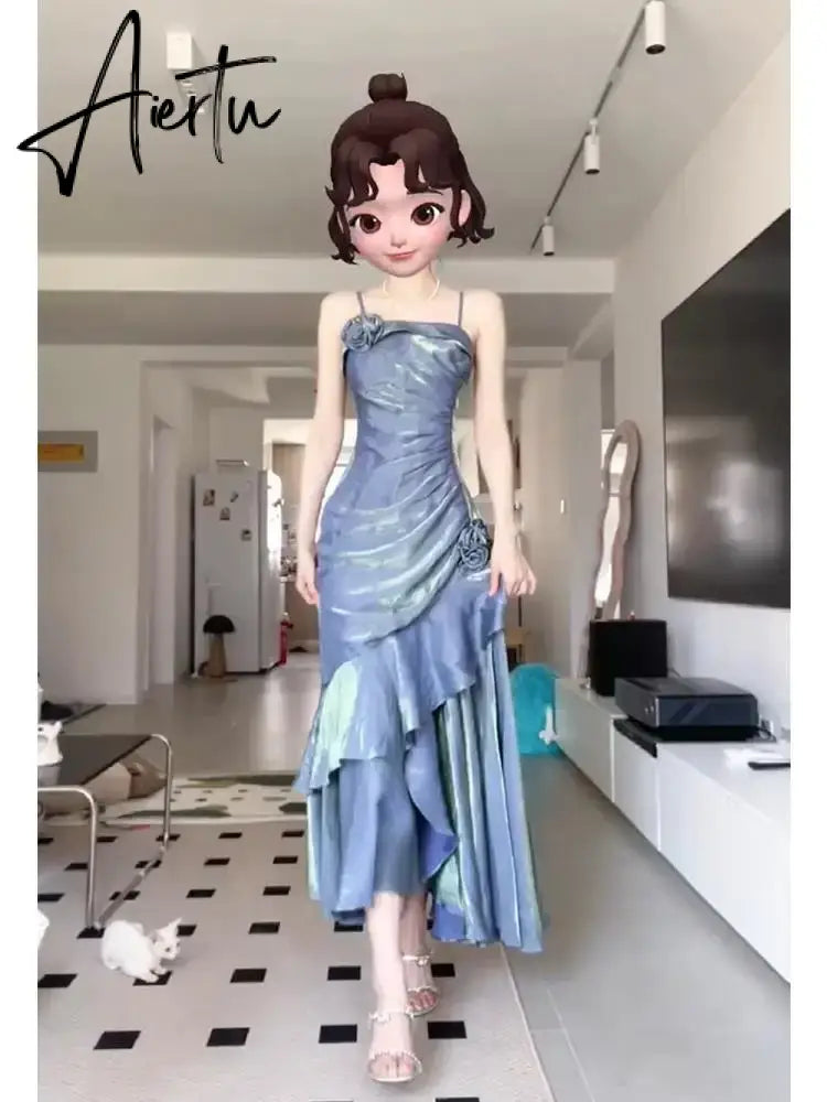 Blue Flower Evening Dress New French Fairy Sweet Slim Mermaid Strap Summer Birthday Party Spaghetti Strap Dresses Aiertu