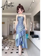 Blue Flower Evening Dress New French Fairy Sweet Slim Mermaid Strap Summer Birthday Party Spaghetti Strap Dresses Aiertu