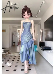Blue Flower Evening Dress New French Fairy Sweet Slim Mermaid Strap Summer Birthday Party Spaghetti Strap Dresses Aiertu