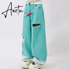 Blue Jeans Women Belt High Waist American Wide Leg Pants Y2K Style Fashion Streetwear Female Pants Autumn Straight Trousers Aiertu
