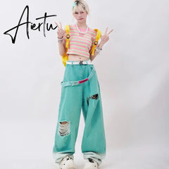 Blue Jeans Women Belt High Waist American Wide Leg Pants Y2K Style Fashion Streetwear Female Pants Autumn Straight Trousers Aiertu