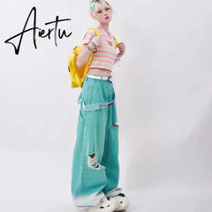 Blue Jeans Women Belt High Waist American Wide Leg Pants Y2K Style Fashion Streetwear Female Pants Autumn Straight Trousers Aiertu