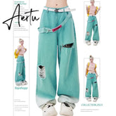 Blue Jeans Women Belt High Waist American Wide Leg Pants Y2K Style Fashion Streetwear Female Pants Autumn Straight Trousers Aiertu