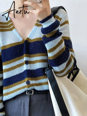 Blue Striped Thin Knitting Cardigan Sweater Loose Fit V-Neck Long Sleeve Women New Fashion Tide Autumn Winter 1DF0623 Aiertu