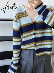 Blue Striped Thin Knitting Cardigan Sweater Loose Fit V-Neck Long Sleeve Women New Fashion Tide Autumn Winter 1DF0623 Aiertu
