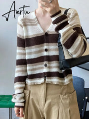 Blue Striped Thin Knitting Cardigan Sweater Loose Fit V-Neck Long Sleeve Women New Fashion Tide Autumn Winter 1DF0623 Aiertu