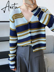 Blue Striped Thin Knitting Cardigan Sweater Loose Fit V-Neck Long Sleeve Women New Fashion Tide Autumn Winter 1DF0623 Aiertu