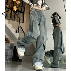 Blue Women Jeans Vintage High Waist Chic American Fashion Y2K Streetwear Wide Leg Jean Female Trouser NEW Baggy Denim Pants Aiertu