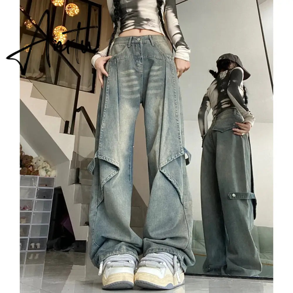 Blue Women Jeans Vintage High Waist Chic American Fashion Y2K Streetwear Wide Leg Jean Female Trouser NEW Baggy Denim Pants Aiertu