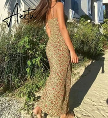 Bohemian Brown Floral Print Backless Sling Dress Summer Holiday Woman Adjust Spaghetti Strap Dresses Beach Holiday Aiertu