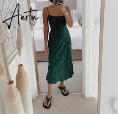Bohemian Brown Floral Print Backless Sling Dress Summer Holiday Woman Adjust Spaghetti Strap Dresses Beach Holiday Aiertu