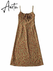 Bohemian Brown Floral Print Backless Sling Dress Summer Holiday Woman Adjust Spaghetti Strap Dresses Beach Holiday Aiertu