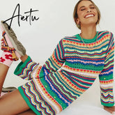 Bohemian Color Block Striped Knit Crochet Sweaters Dress Autumn Women's Long Sleeve Crew Neck Mini Bodycon Dress Aiertu