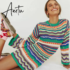 Bohemian Color Block Striped Knit Crochet Sweaters Dress Autumn Women's Long Sleeve Crew Neck Mini Bodycon Dress Aiertu