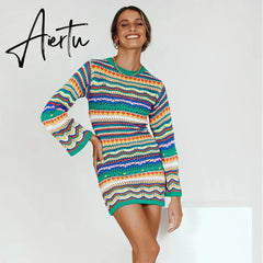 Bohemian Color Block Striped Knit Crochet Sweaters Dress Autumn Women's Long Sleeve Crew Neck Mini Bodycon Dress Aiertu