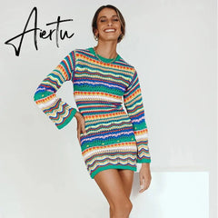Bohemian Color Block Striped Knit Crochet Sweaters Dress Autumn Women's Long Sleeve Crew Neck Mini Bodycon Dress Aiertu