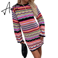 Bohemian Color Block Striped Knit Crochet Sweaters Dress Autumn Women's Long Sleeve Crew Neck Mini Bodycon Dress Aiertu