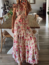 Boho Floral Print V Neck Long Beach Dress Frill Belt Lace Up Beach Cover Up Summer Vacation Beach Wear Women Tunic Honeymoon Aiertu