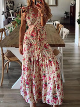 Boho Floral Print V Neck Long Beach Dress Frill Belt Lace Up Beach Cover Up Summer Vacation Beach Wear Women Tunic Honeymoon Aiertu