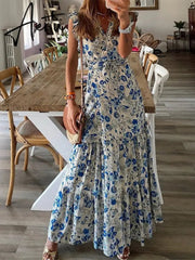 Boho Floral Print V Neck Long Beach Dress Frill Belt Lace Up Beach Cover Up Summer Vacation Beach Wear Women Tunic Honeymoon Aiertu