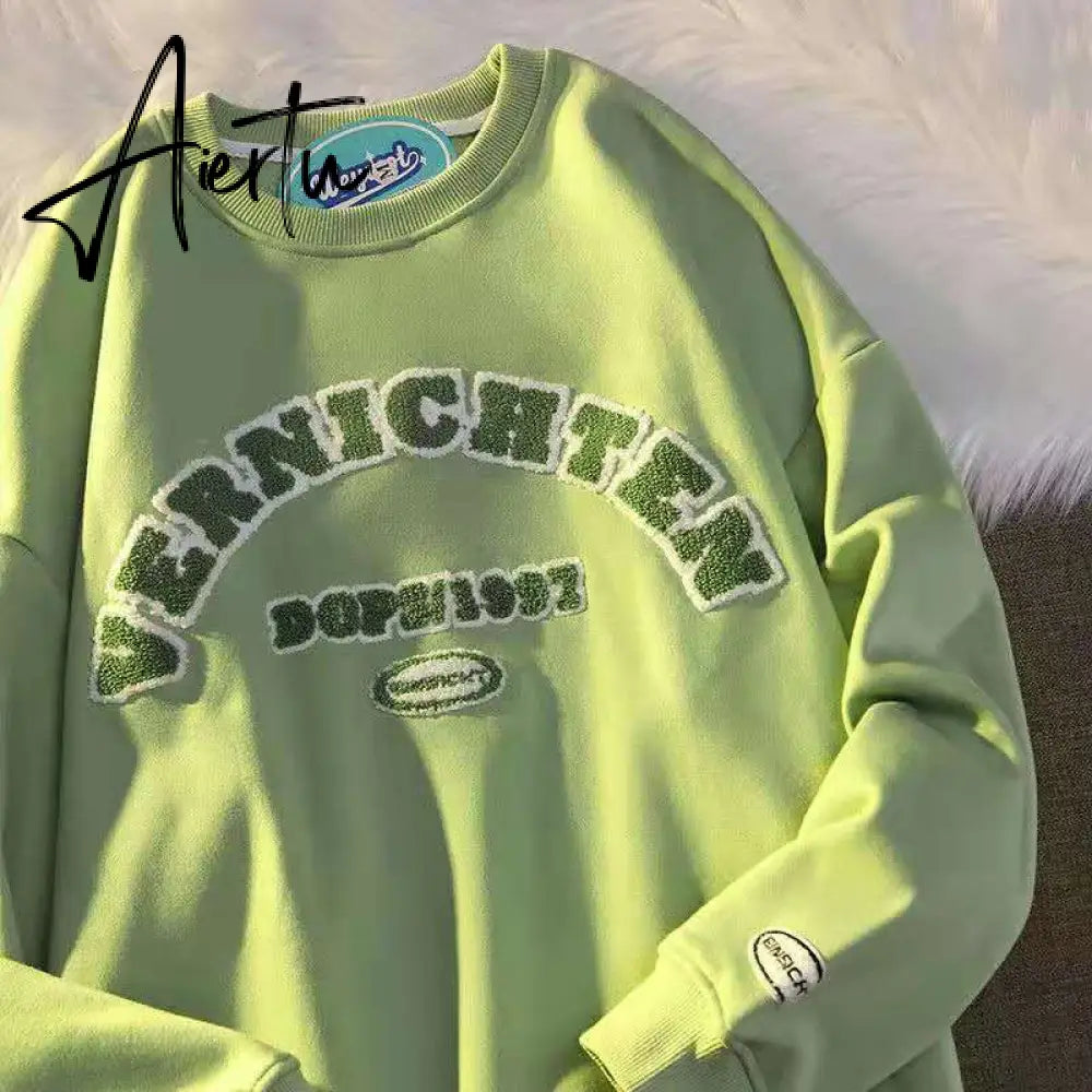 Boho Green Flocking Printing Crewneck Sweatshirt Women New Long Sleeve Casual Preppy Style Couple Clothes Thin Fall Dropshipping Aiertu
