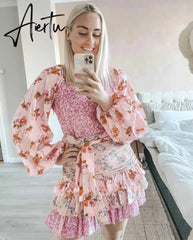 Boho Inspired women's spring summer dress long sleeve V-neck tiered ruffled dress women floral print elegant party dress Aiertu