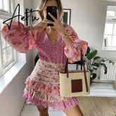 Boho Inspired women's spring summer dress long sleeve V-neck tiered ruffled dress women floral print elegant party dress Aiertu
