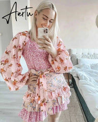 Boho Inspired women's spring summer dress long sleeve V-neck tiered ruffled dress women floral print elegant party dress Aiertu
