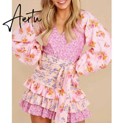 Boho Inspired women's spring summer dress long sleeve V-neck tiered ruffled dress women floral print elegant party dress Aiertu