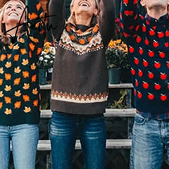 Boho Pumpkin Knitted Pullovers Women Christmas Ladies Ethnic Warm Sweaters Female Loose Autumn Winter New Fashion New Year Aiertu
