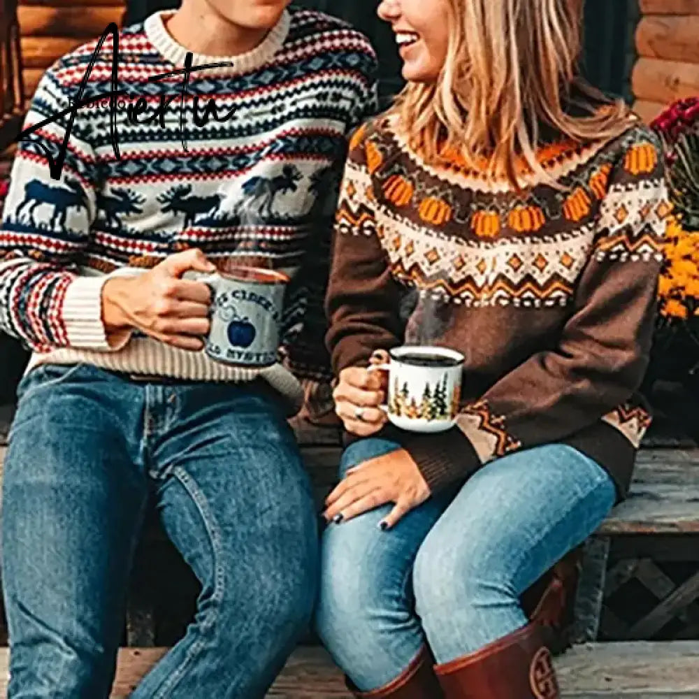 Boho Pumpkin Knitted Pullovers Women Christmas Ladies Ethnic Warm Sweaters Female Loose Autumn Winter New Fashion New Year Aiertu