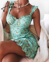Boho Women Spaghetti Strap Floral Sundress Summer Sweet Lace Ruched Ruffles Tutu Mini Dress A-Line Lady Flowers Strapless Dress Aiertu