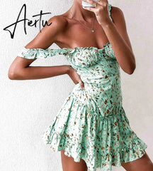 Boho Women Spaghetti Strap Floral Sundress Summer Sweet Lace Ruched Ruffles Tutu Mini Dress A-Line Lady Flowers Strapless Dress Aiertu