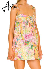 Bow Ruched Bra Corset Style Flower Print Spaghetti Strap Mini Dress Women Backless Skater Lacing up Sling Robe Holiday Aiertu