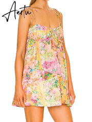 Bow Ruched Bra Corset Style Flower Print Spaghetti Strap Mini Dress Women Backless Skater Lacing up Sling Robe Holiday Aiertu