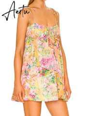 Bow Ruched Bra Corset Style Flower Print Spaghetti Strap Mini Dress Women Backless Skater Lacing up Sling Robe Holiday Aiertu