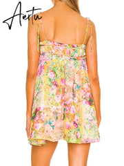Bow Ruched Bra Corset Style Flower Print Spaghetti Strap Mini Dress Women Backless Skater Lacing up Sling Robe Holiday Aiertu