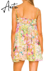 Bow Ruched Bra Corset Style Flower Print Spaghetti Strap Mini Dress Women Backless Skater Lacing up Sling Robe Holiday Aiertu