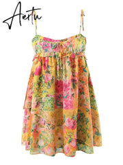 Bow Ruched Bra Corset Style Flower Print Spaghetti Strap Mini Dress Women Backless Skater Lacing up Sling Robe Holiday Aiertu