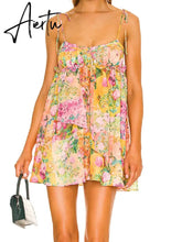 Bow Ruched Bra Corset Style Flower Print Spaghetti Strap Mini Dress Women Backless Skater Lacing up Sling Robe Holiday Aiertu