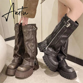 Aiertu Brand Desinger Knight Women Mid Calf Boots Chunky High Heeled Platform Punk Motorcycle Long Booties Goth Street Shoes For Women Aiertu