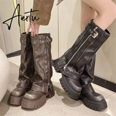 Brand Desinger Knight Women Mid Calf Boots Chunky High Heeled Platform Punk Motorcycle Long Booties Goth Street Shoes For Women Aiertu