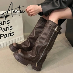 Brand Desinger Knight Women Mid Calf Boots Chunky High Heeled Platform Punk Motorcycle Long Booties Goth Street Shoes For Women Aiertu